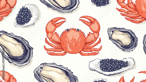 Elegant Seamless Pattern with Fresh Crab, Oyster, and Cavia - EPS Vector