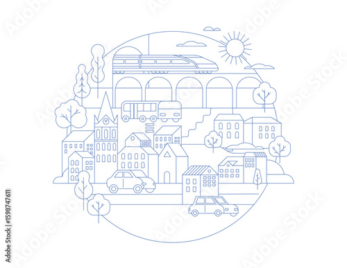 Minimalist Linear Urban Life Illustration. Modern Cityscape Outline with People, Transportation, and Skyscrapers.