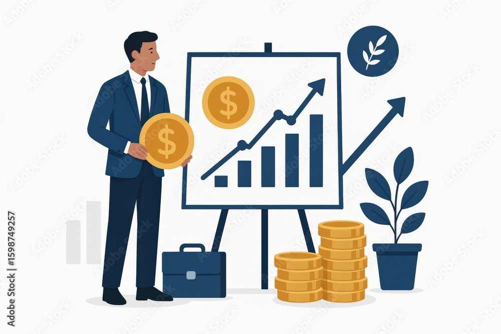 Professional businessman presenting financial growth strategies with gold coins and a rising graph symbolizing economic prosperity and sustainable financial planning encapsulated in a modern Professional businessman presenting financial growth strategies with gold coins and a rising graph symbolizing economic prosperity and sustainable financial planning encapsulated in a modern