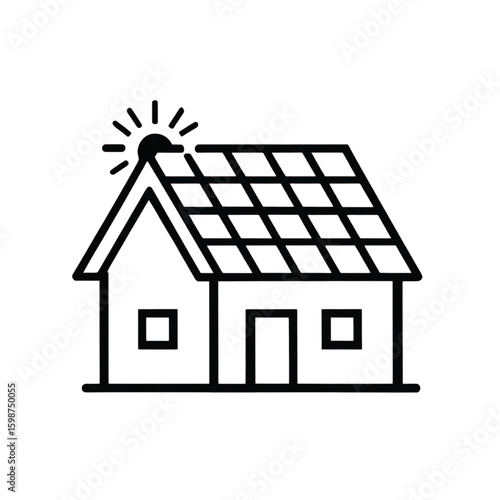Solar Panel House Icon – Eco Home Line Art Vector