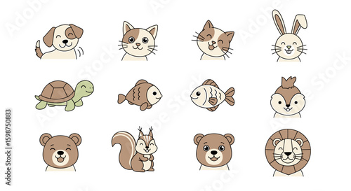 Collection of twelve cartoon animal faces including a dog cat rabbit turtle fish squirrel bear and lion