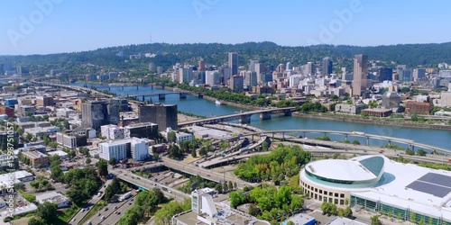 Portland Oregon - Aerial Establishing Shot of Portland Oregon Skyline with Highways and River - ProRes