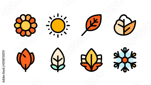 Seasonal icons depicting flower, sun, autumn foliage, and snowflake in a row arrangement view