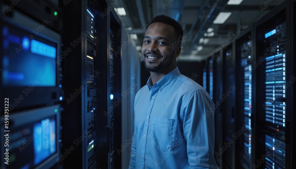 Fototapeta premium Man smiles in data center hallway between rows of server racks. IT specialist in blue shirt works with computer hardware maintenance. Network engineer checks system status in tech room.