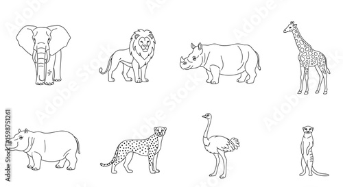 Outlined african wildlife animals including elephant lion rhino giraffe hippo cheetah ostrich meerkat