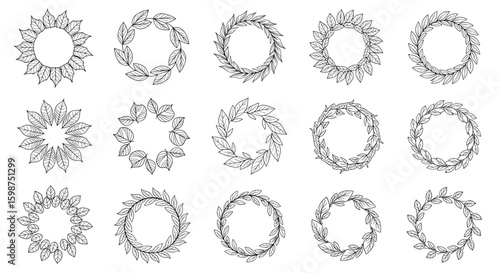 Collection of fifteen oval frames adorned with diverse leaf arrangements and botanical illustrations