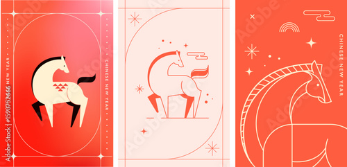 Chinese New Year vertical cards and banner. Modern red geometric illustrations for Lunar New Year 2026, Year of the Horse.