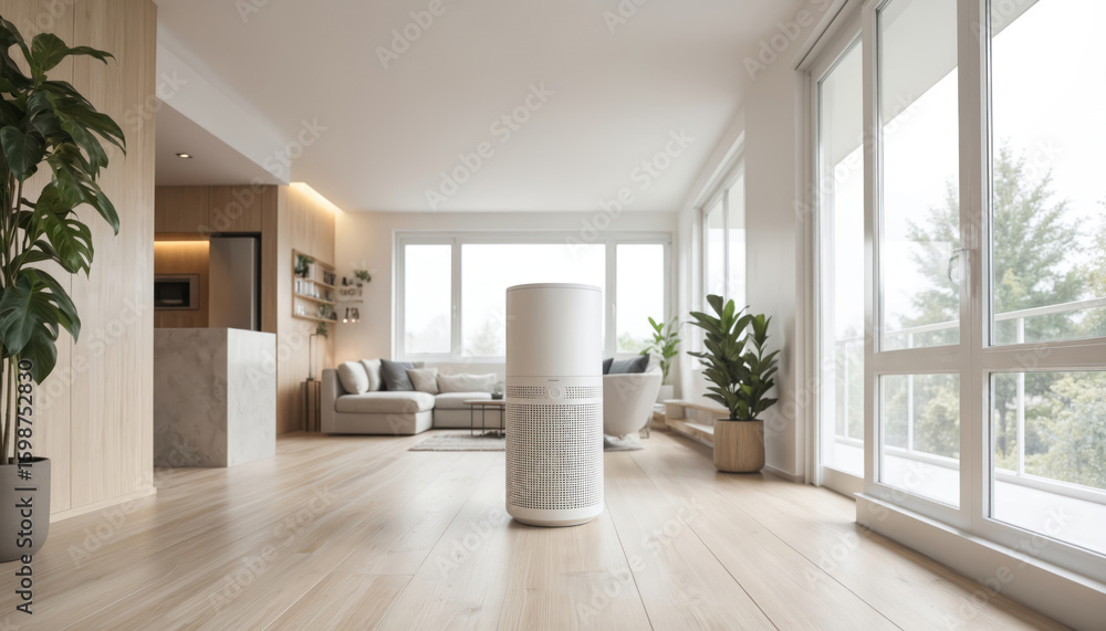 Fototapeta premium Modern apartment interior features sleek white air purifier. Spacious living area boasts bright natural light, wood floors, minimalist furniture, large windows with city views. Healthy, clean air