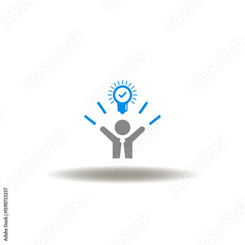 Vector illustration of business person with hands up and lighbulb with check mark. Symbol of business inspiration.