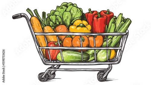 Fresh Vegetables in Full Supermarket Trolley Engraving Illustration