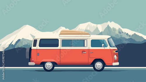 Retro Travel Van Simple Flat Vector Illustration