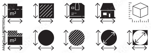 Height and width vector icon set black filled and outlined style.