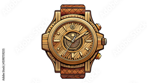 Artisan men’s wooden wristwatch featuring walnut casing, leather band, engraved natural dial, and eco-friendly style. Unique balance of craftsmanship and elegance for detailed vector on white.

