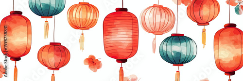 Colorful traditional Chinese paper lanterns hanging with soft watercolor floral accents festive oriental decoration illustration in minimalist style