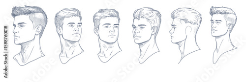 Set of six detailed male head portrait sketches showing different realistic face angles including front, profile, three quarter, and from below upward views in blue pencil style