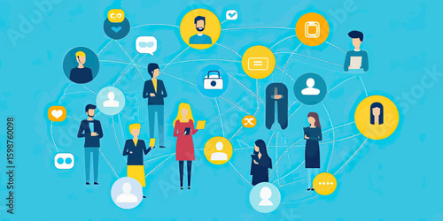 Flat minimalist vector illustration of diverse people connecting and communicating through mobile apps and social network icons with digital communication concept