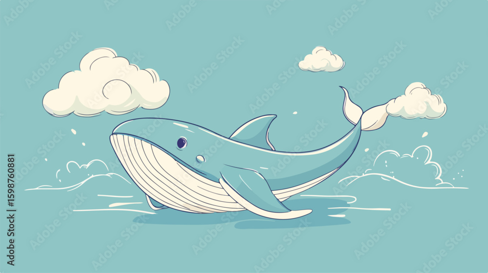 Obraz premium Whale with Clouds Boho Lined Illustration