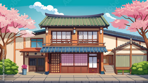 Vector illustration of a traditional Japanese machiya townhouse with paper screen doors, narrow frontage, and tiled roof, set along a Kyoto street with cherry blossoms