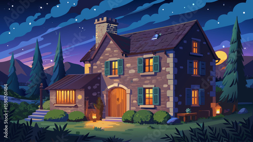 Night scene of an old French farmhouse under a starry sky, with stone walls, shutters closed, and soft lights glowing through window cracks