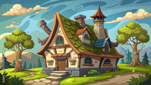Cartoon illustration of a crooked medieval cottage with mossy roof, whimsical chimney, and wonky windows, perfect for a fairy-tale setting