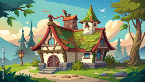 Cartoon illustration of a crooked medieval cottage with mossy roof, whimsical chimney, and wonky windows, perfect for a fairy-tale setting