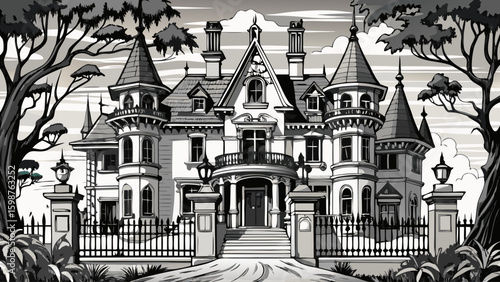 Black and white sketch of a historic Victorian mansion with towers and decorative woodwork, surrounded by tall oak trees and an iron gate