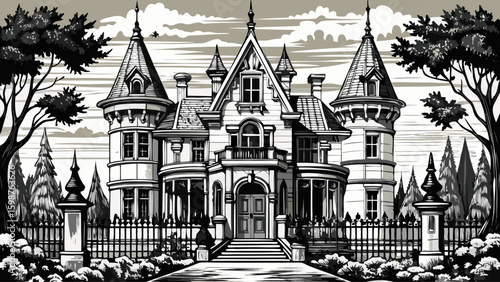 Black and white sketch of a historic Victorian mansion with towers and decorative woodwork, surrounded by tall oak trees and an iron gate