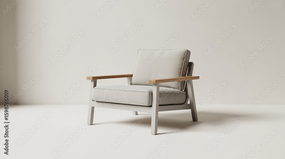Obraz premium Stylish Armchair with Light Gray Cushions and Wooden Armrests on a Neutral Background