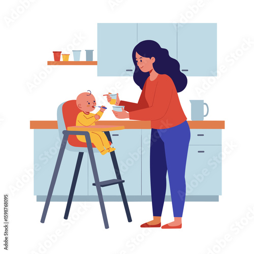 Mother Feeding Baby Puree in High Chair, Happy Infant Enjoying Mealtime