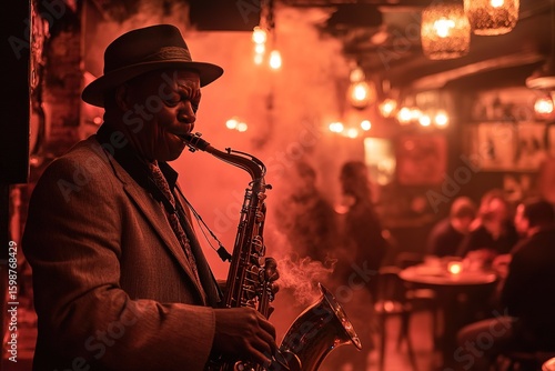A jazz musician playing the saxophone in a smoky underground club, warm ambient lighting creating an intimate atmosphere