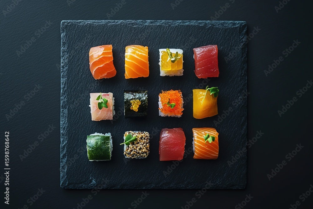 Obraz premium A minimalist, modern food composition with deconstructed sushi elements arranged in a visually striking, geometric pattern on a black slate plate