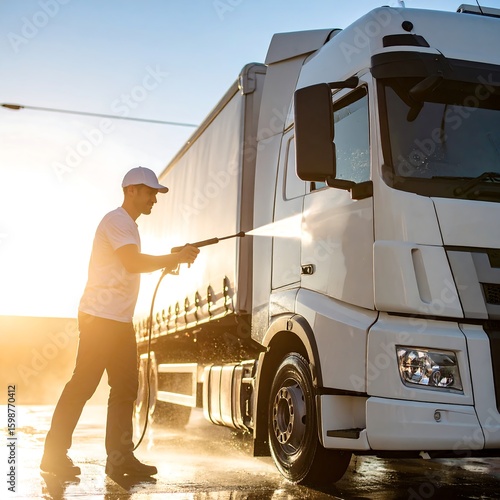 Man washes large white truck