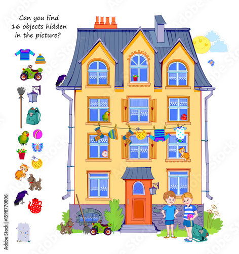 Can you find 16 objects hidden in the picture? Logic puzzle for smartest. Search and find game. Drawing of a residential building. Page for kids brain teaser book. Hand drawn vector illustration.