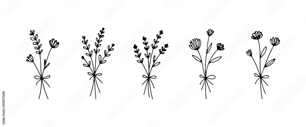Naklejka premium Minimalist hand-drawn flower bouquets with natural stems and wild charm. Perfect for botanical compositions, wedding decor, and elegant floral design.
