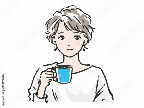 Smiling young woman holding a blue cup of coffee, indoors with a cozy atmosphere, simple and warm background, concept of cafe or wellness center