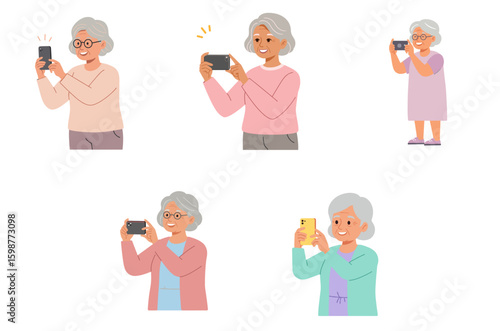 Elderly woman taking selfies with phone in casual outfits, white background, isolated, vector, set  