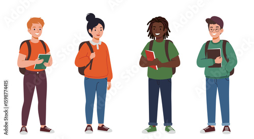 Multiracial students standing with backpacks and books in casual attire, white background, isolated, vector  