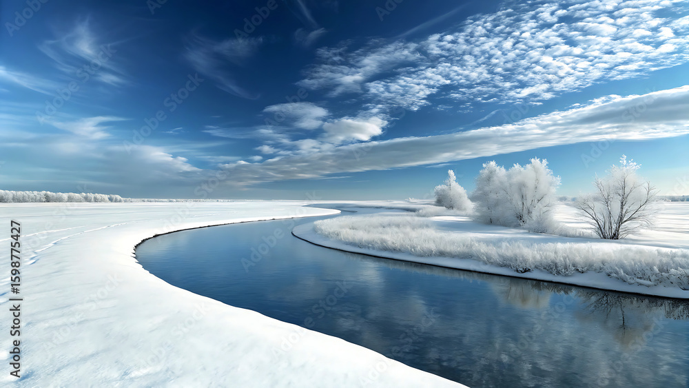 Obraz premium Serene winter landscape with a winding river and frost covered trees