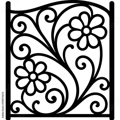 Art nouveau ironwork floral gate outline icon vector