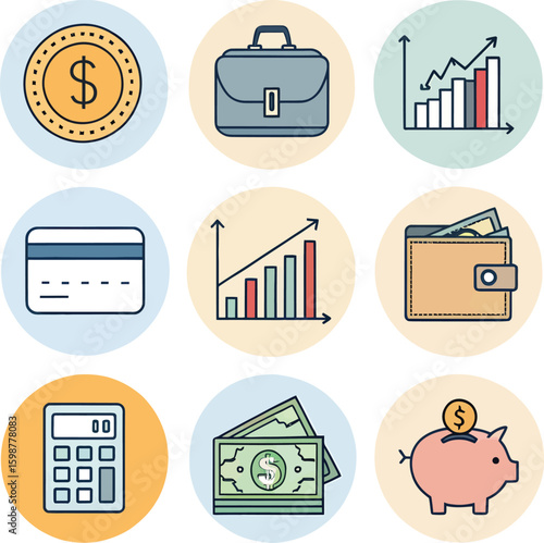 Finance and Economics: Diverse icons illustrating various aspects of finance, from currency and investment to savings and credit, arranged in a visually appealing pattern.