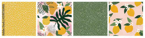 Collage contemporary lemon floral and polka dot shapes seamless pattern set. Modern exotic design for paper, cover, fabric, interior decor and other users.