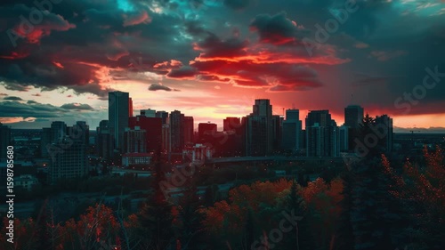 A view of a city's skyline at sunset from a hill, great for use in travel or urban planning images