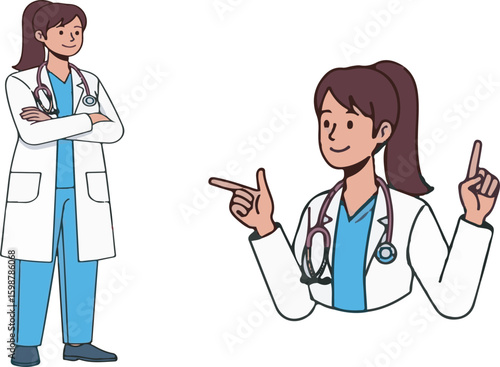Doctor posing with stethoscope and pointing female