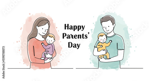 Happy Parents' Day greeting with father and mother each holding a child — one line doodle drawing with watercolor fill, minimalistic vector illustration on white background


