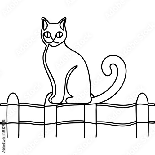 Cat-on-fence illustrated with simple line drawing of a feline perched atop a metal fence. Cat-on-fence highlights silhouette, perfect for designs featuring domestic animals in an outdoor setting.