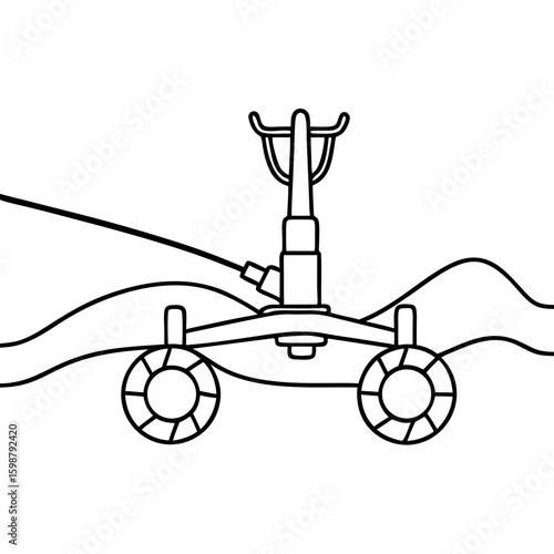 Irrigation machine shown in a simple black and white line drawing for agricultural use. Depicting irrigation machine, outlines illustrate equipment used for watering crops,