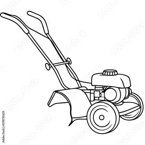 Motor-tiller illustration in simple black and white line art. This motor-tiller drawing showcases equipment for soil cultivation and garden preparation.