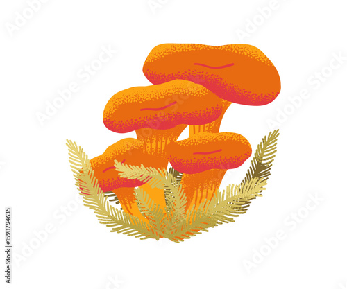 Bright orange wild mushrooms growing on forest grass in a digital hand-painted style. Great for nature or forest-themed designs.