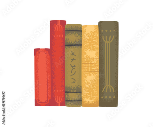 A stack of vintage books in warm tones, illustrated in a textured hand-drawn style. Suitable for education, library, or reading themes.