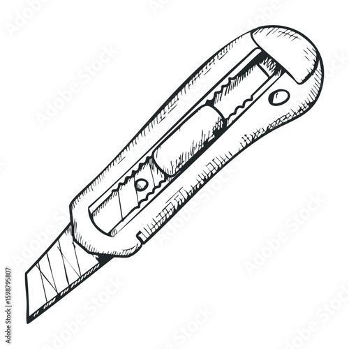 Hand-drawn utility knife illustration with retractable blade and textured grip design. Vector illustration